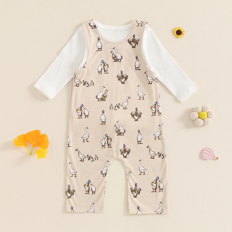 

Baby Girl Fall Outfits Ribbed Knit Solid Color Long Sleeve Tops Duck Print Suspender Pants Overalls 2Pcs Clothes Set