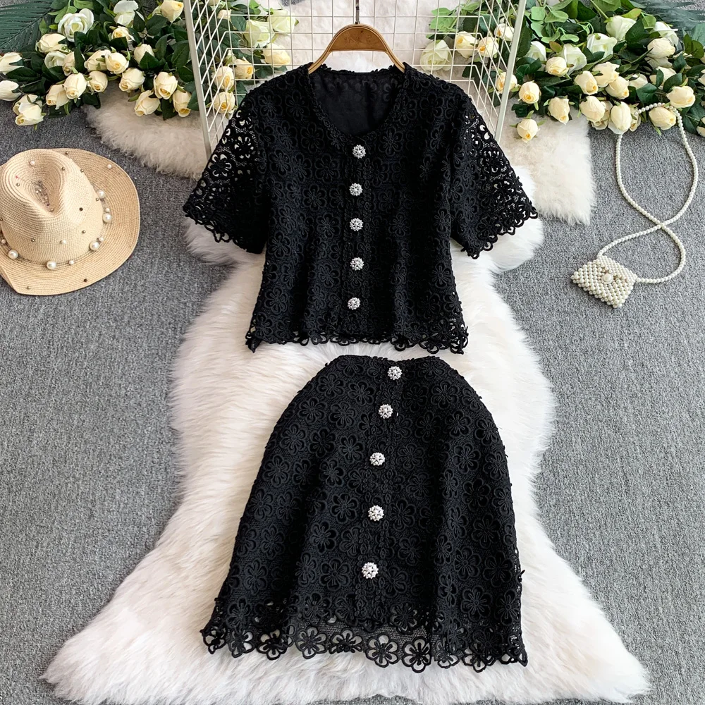 T-Shirt d'été en dentelle pour femmes, col rond, manches courtes, simple boutonnage, Slim + demi-jupe, ensemble deux pièces