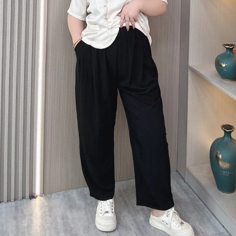 Plus Size Women's Summer Thin Wide Leg Pants Female Elastic High Waist Casual Straight Ice Cool Trousers