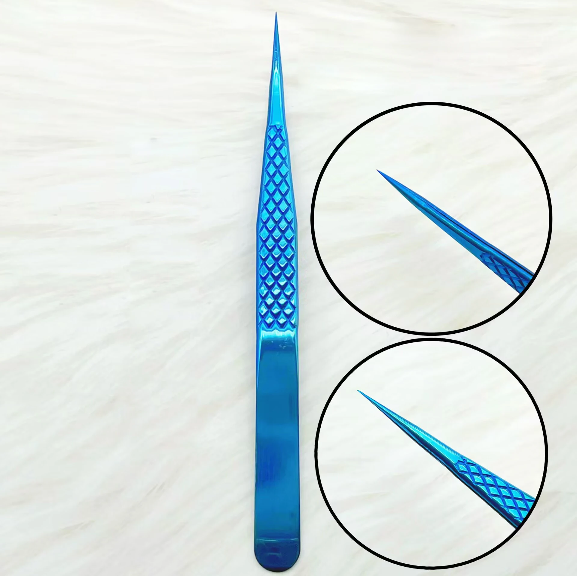 Pinzas de extensión de pestañas con puntas de fibra, pinzas de alta precisión de acero inoxidable azul espejo para ventiladores de volumen, herramientas de maquillaje, 1 ud.
