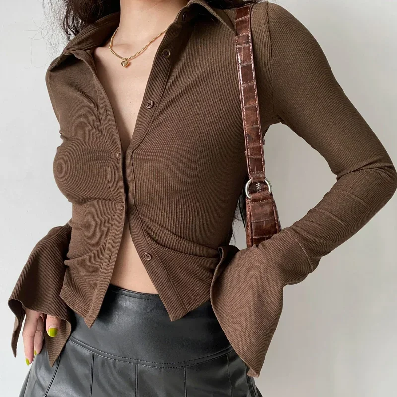 Spring Summer Women Sexy Shirts Versatile Solid Flare Long Sleeve Slim Streetwear Fashion Korean Clothing Knitted Crop Tops 2023