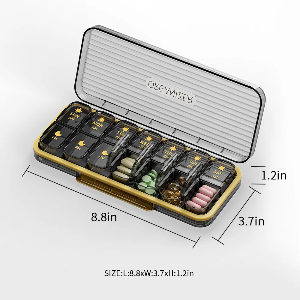 7 Day Weekly Pill Box, Portable Pill Organizer with 14/21 Compartments, Dustproof Medicine Storage Container