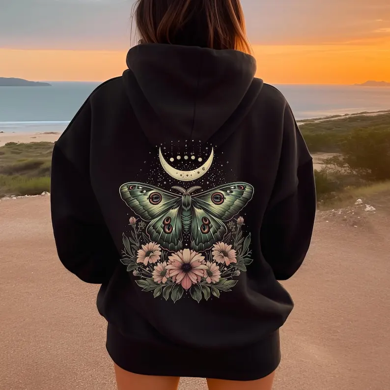 ‌Luna Moth Hoodie Long Sleeve Autumn Casual Cottagecore Sweatshirt Vintage Witchy Goblin Core Mystic Moon Nature Forest Tops
