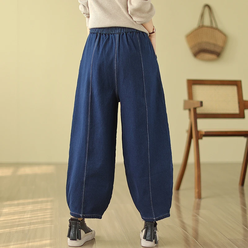 Retro Fce Spodnie dżinsowe z podszewką, codzienne, z wysokim stanem, szerokie nogawki, jesienno-zimowe, nowe, dla wysokich kobiet, spodnie typu latarnia z wysokim stanem.