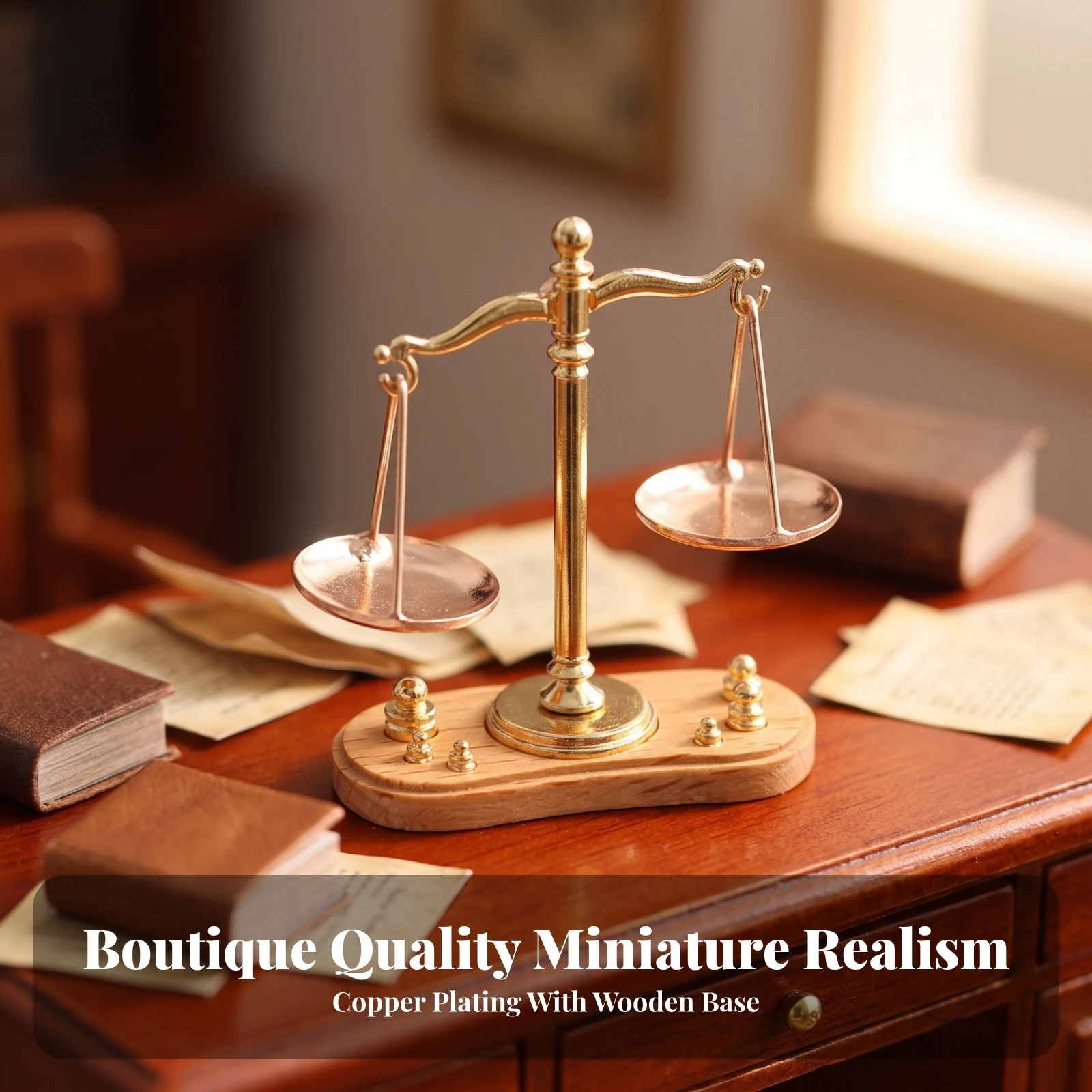 Dollhouse Balance Scale Wood-Toned Miniature Scale with Weights Toy Decorative Compact for Collectors, Diorama, Display Shelf