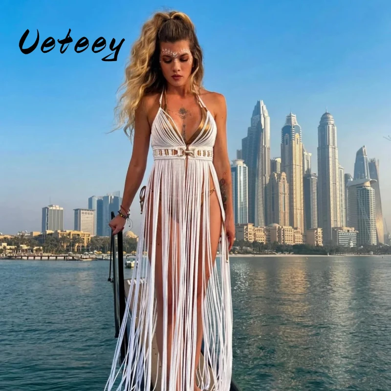

Ueteey Tassel Suimsuit Cover Up Beach 2025 Knitted Hollow Out Long Maxi Dress Beach Bathing Outfits Sexy Backless Vestidos