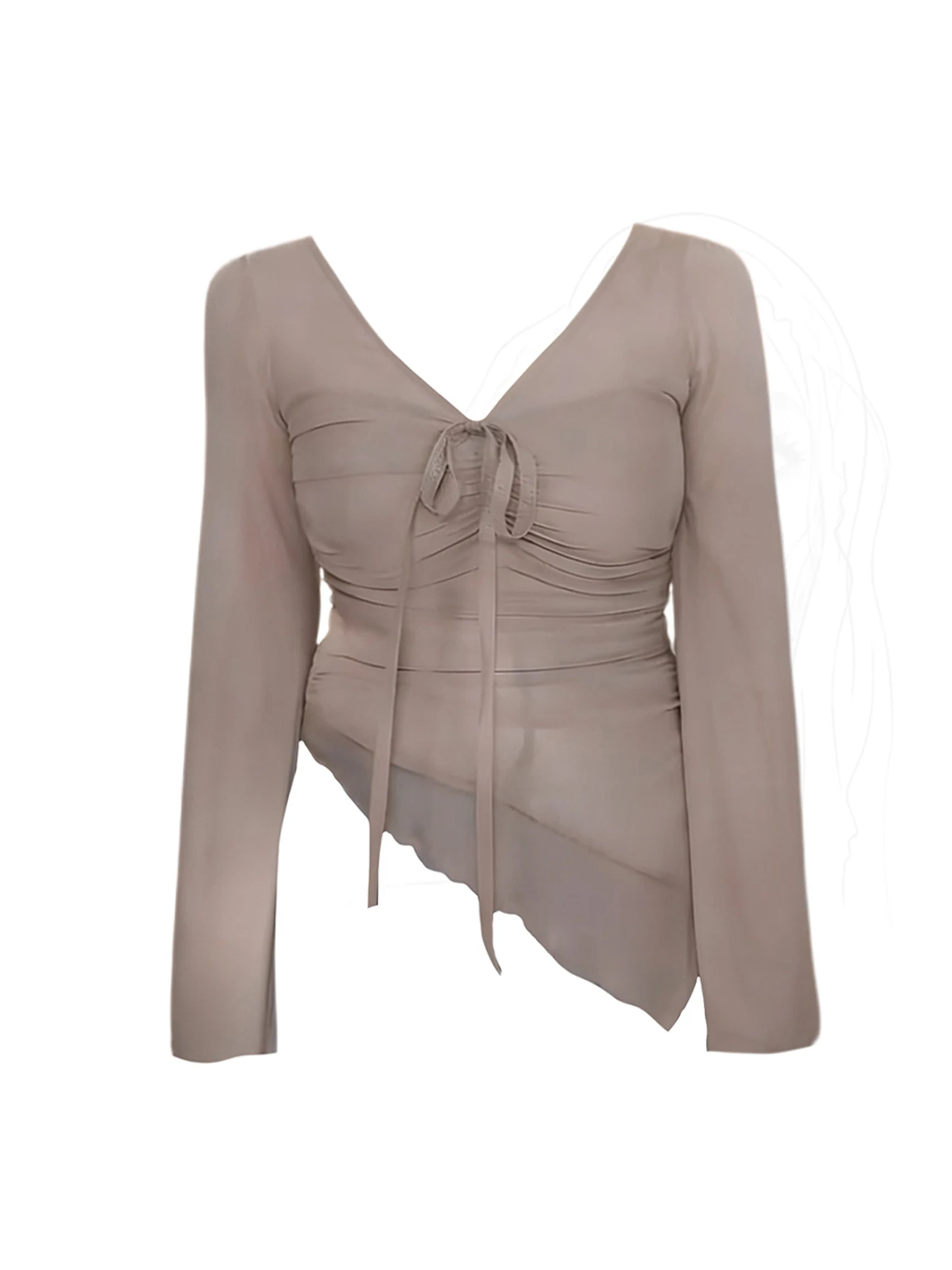 Women's Khaki Shirts Blouses Vintage Elegant 2000s Aesthetic Long Sleeve V-Neck Asymmetrical Mesh Shirt For Women Clothes Spring