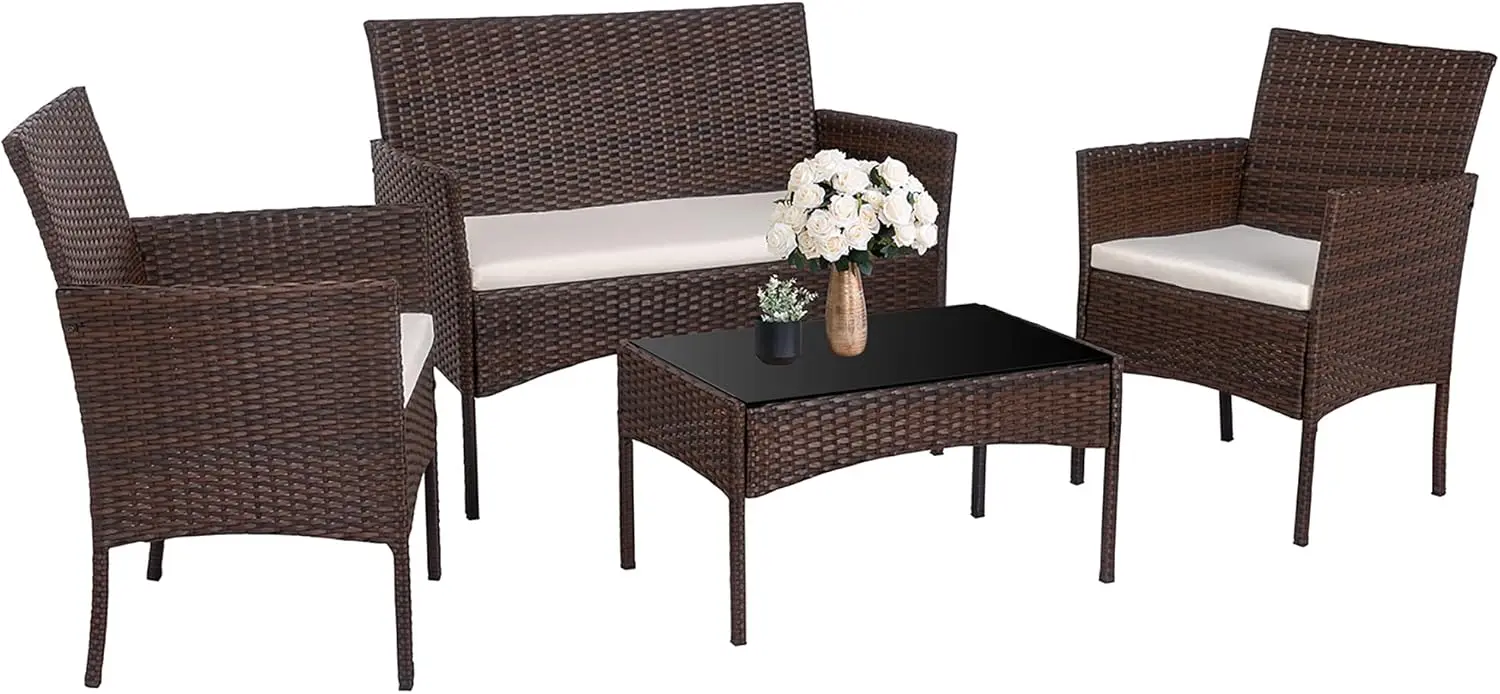 4 Pieces Outdoor Furniture Sets Rattan Chair Wicker Set,Outdoor Indoor Use Backyard Porch Garden Poolside Balcony