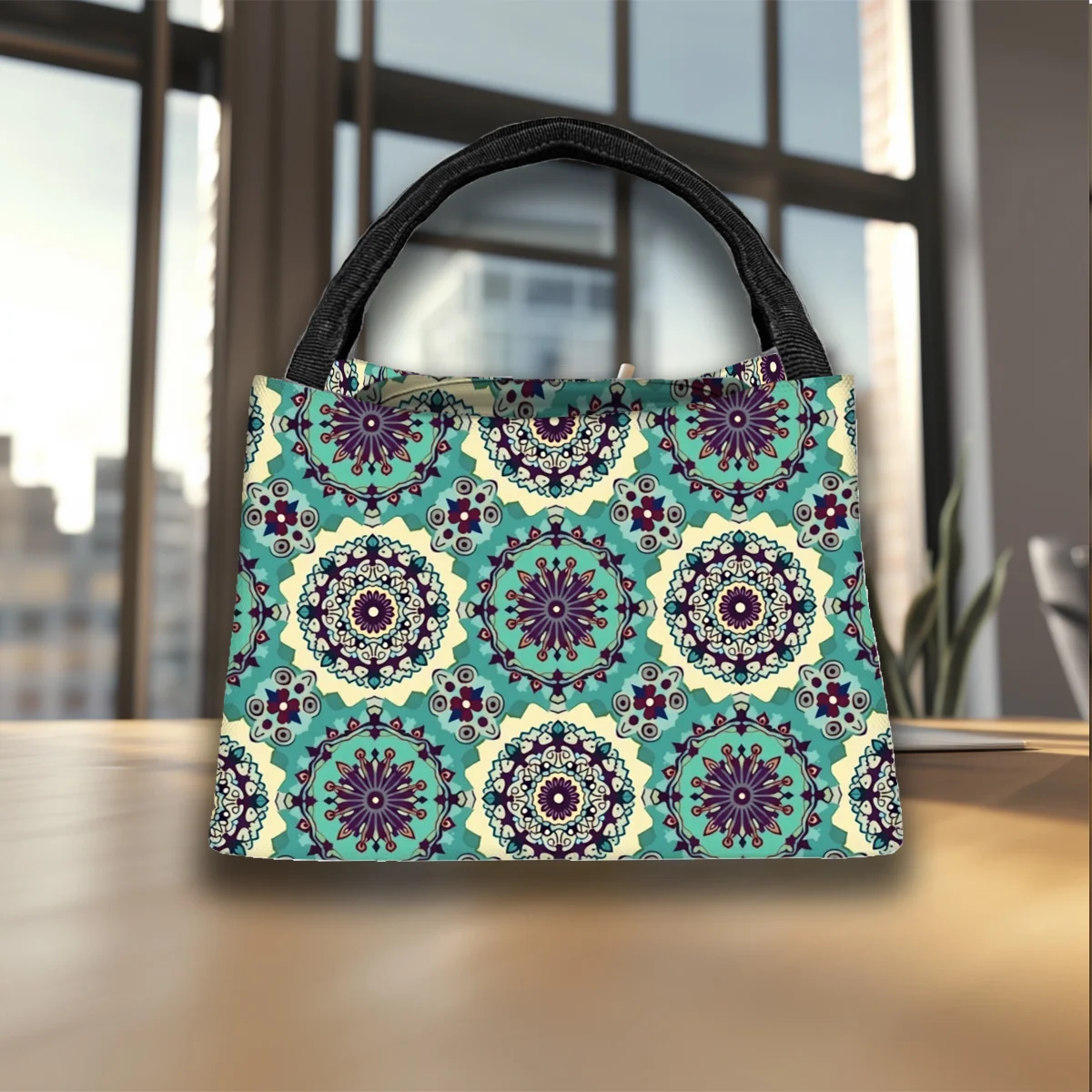 

Reusable Oxford Cloth Food Container with Mandala Print, Zipper Seal for Travel, Office, Picnics Lunch Bag Insulated