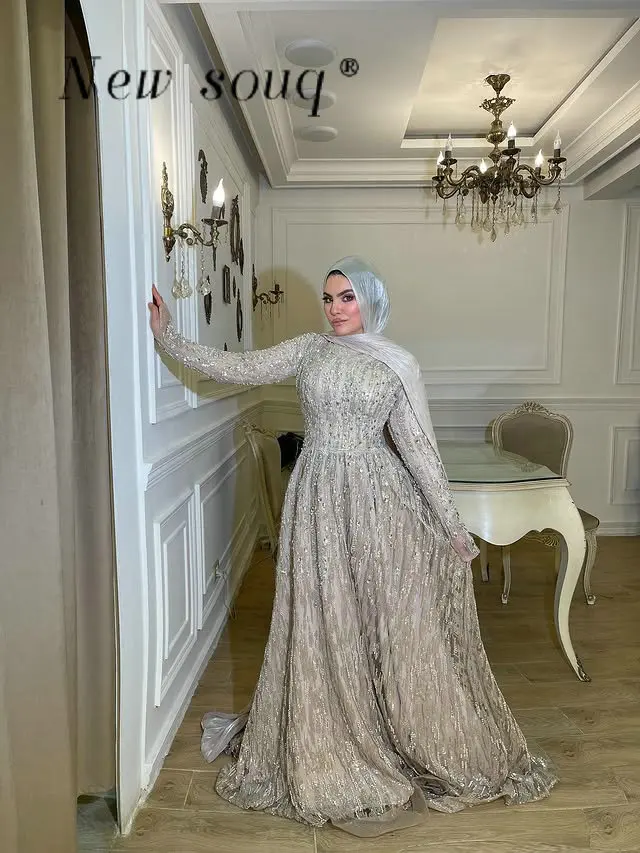 

Middle East Muslim Heavy Beaded A Line Evening Dresses Customized Arabic Kaftans Engagement Hijab Fashion Bridal Party Gowns