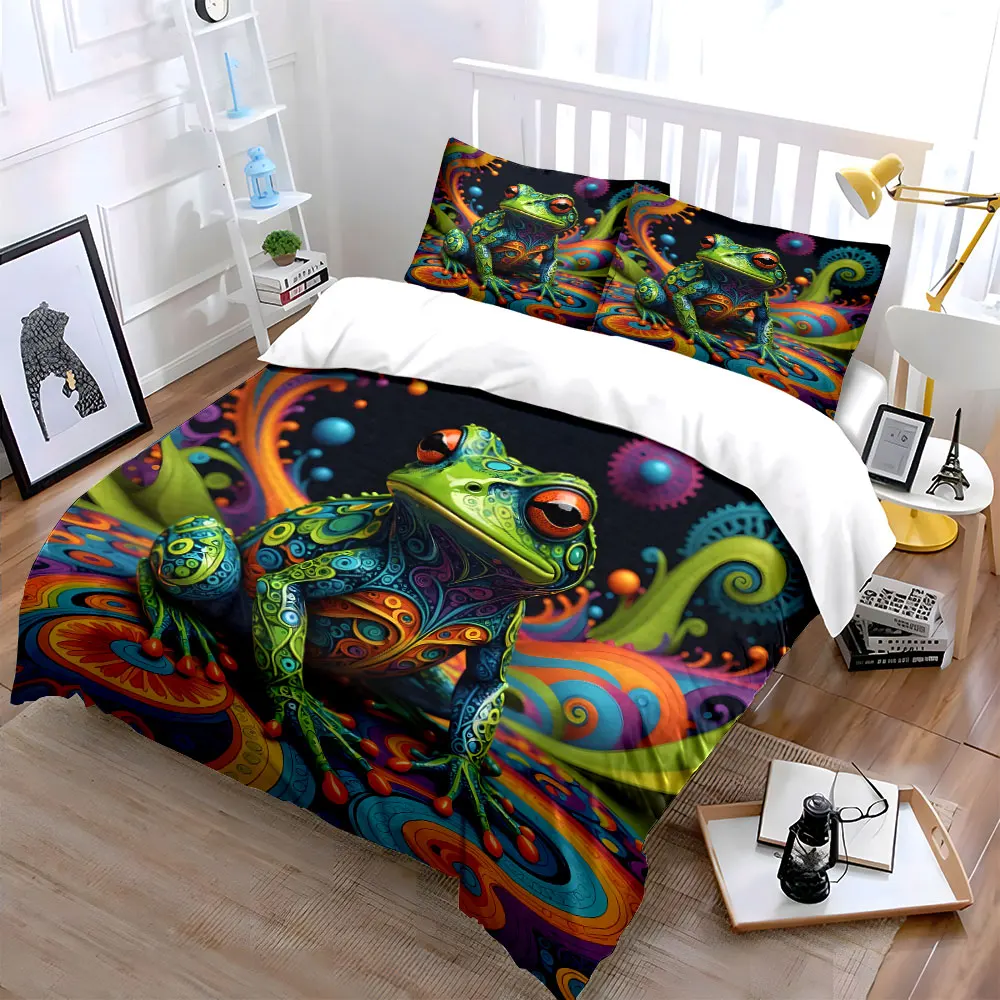 Painted frog with vibrant Pattern Duvet Cover Set Digital Print Colorful Polyester Bedding with Zipper Closur for kids gifts