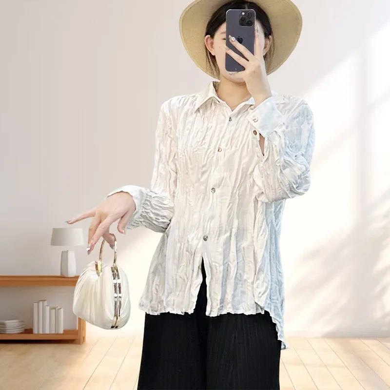 

Miyake осенняя новая женская рубашка плиссированная эластичная повседневная свободная однобортная блузка с длинными рукавами футболка простой пригородный кардиган