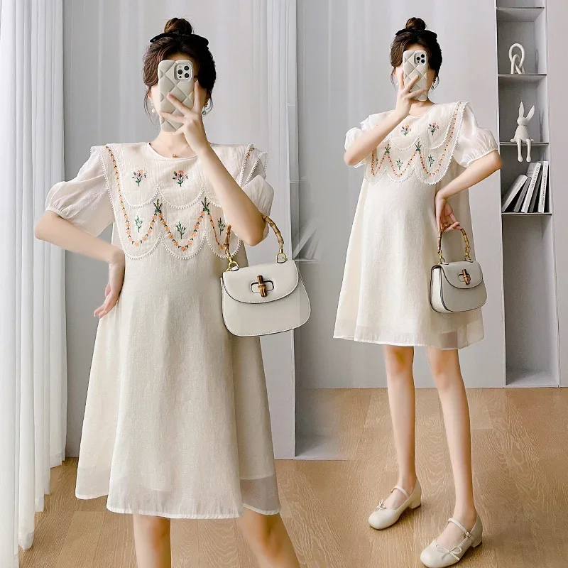 2024 Korean Style Floral Embroidery Peter Pan Collar Maternity Dress Loose Fashion Pregnant Women A-Line Dress Pregnancy Clothes