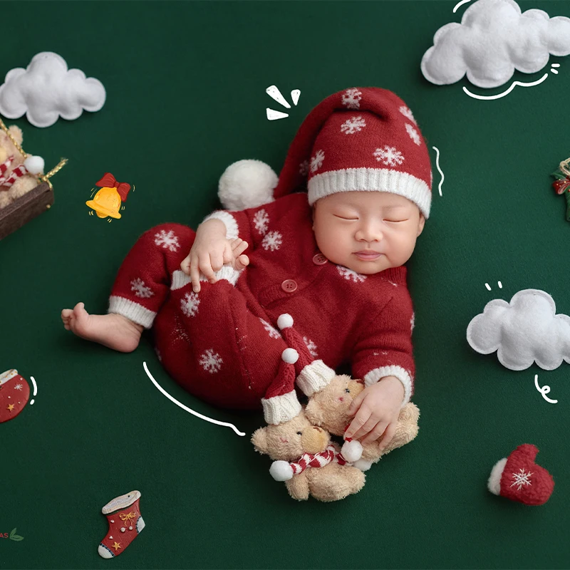 الوليد الطفل عيد الميلاد الزي الأحمر ندفة الثلج محبوك رومبير + قبعة سانتا ل 0-2 أشهر الرضع ، سوينغ المشهد صور اطلاق النار الدعائم #3