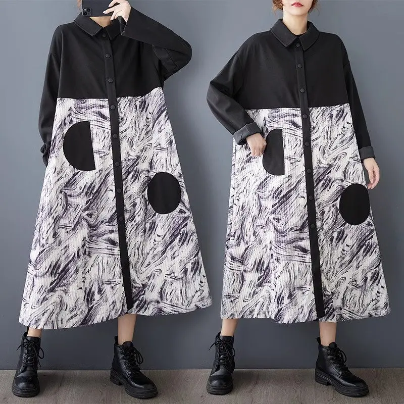 2024 Autumn/Winter Fashion Woolen Splicing Printed Casual Windbreaker Irregular Patchwork Fashion Long Coat Trench Dress A323