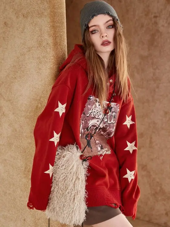 New American Retro Print Hoodies Sweater Loose Coat Vintage Goth Y2k Harajuku Top Quality Oversized Hoodie