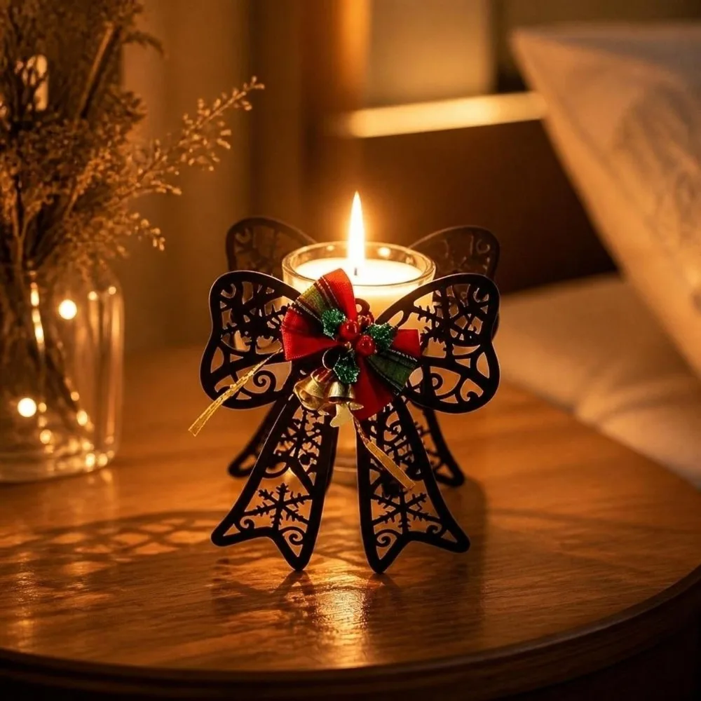 Deer Elk Christmas Candle Holder Bell Snowflake Xmas Desk Decoration Hollowed-out Bow Christmas Ornaments Dining Table