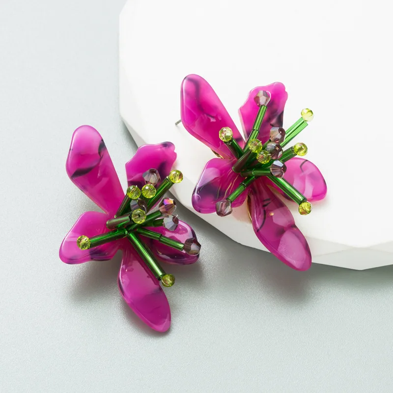 Elegant Flower Acrylic Earrings for Women Bridal Fuchsia Yellow Stud Bohemia Jewelry