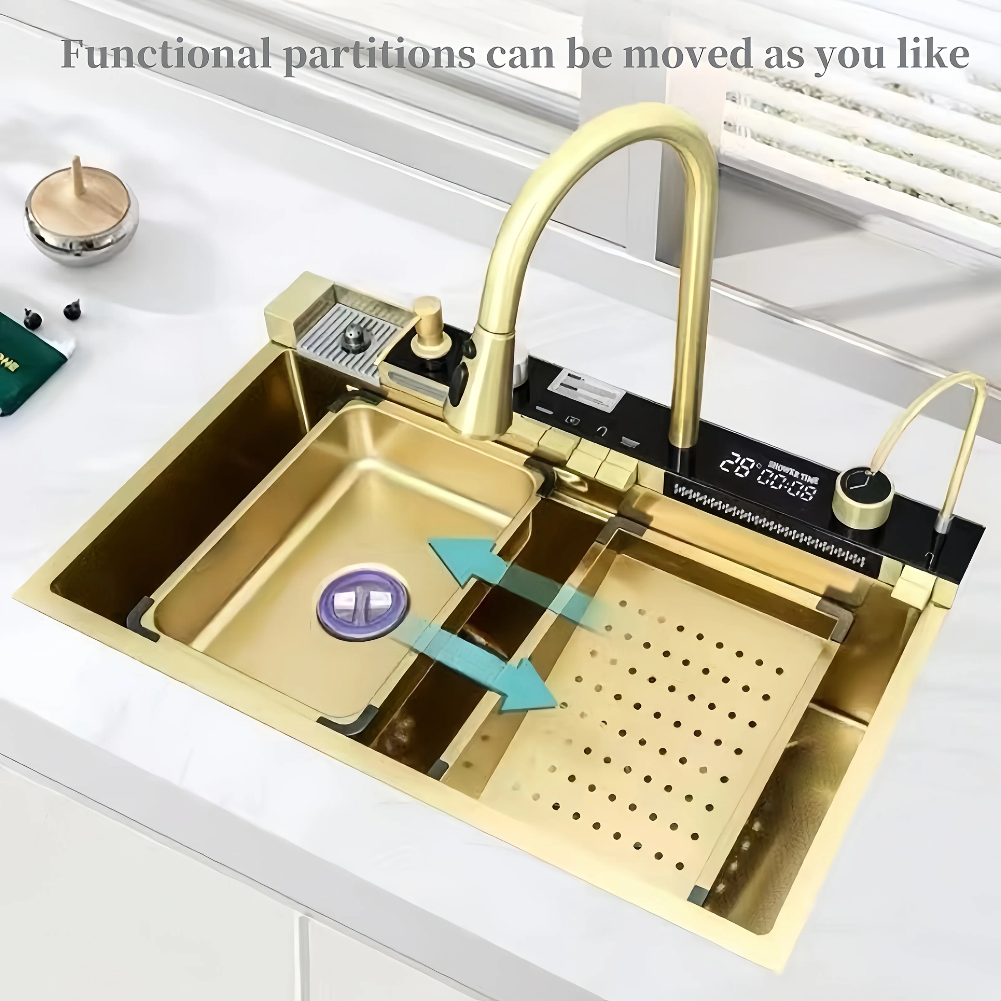 Luxury Workstation Kitchen Sink – Stainless Steel Undermount with Adjustable Partitions, Waterfall Faucet & Pull-Out Sprayer