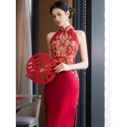 Autumn Traditional Chinese Clothing Qipao Red Sleeveless Stand Collar Embroidery Cheongsam Wedding Dress Elegant Evening Dress