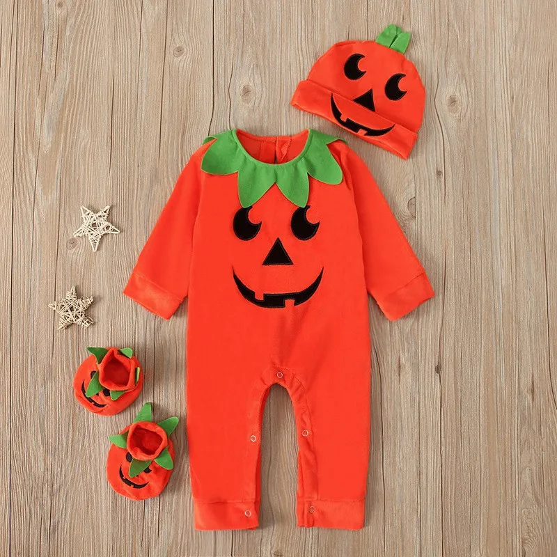 Halloween Costume Jumpsuit Set para bebês meninos e meninas, manga comprida, fofo Pumpkin Face Print Romper, chapéu, sapatos, roupas, infantil, 3pcs