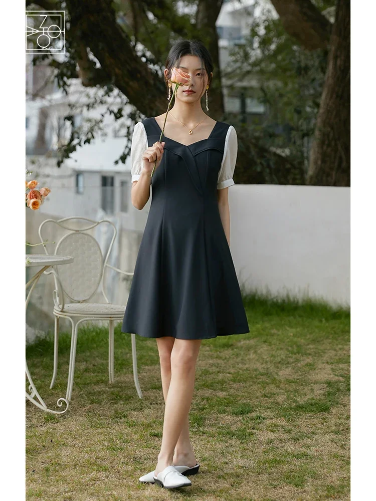 

ZIQIAO Japanese Square Neck Knee-Length Dress Short Puff Sleeve Dress Pleated Design A-LINE Skirts Office Lady Summer Long Skirt