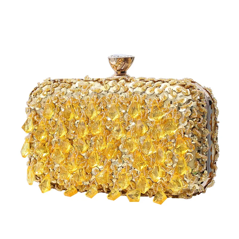 Fashion New Golden Evening Bag Ladies Sequined Blingbling Clutch Bag Handmade Beaded Tassel Formal Dress Pearl Embroidery Bag