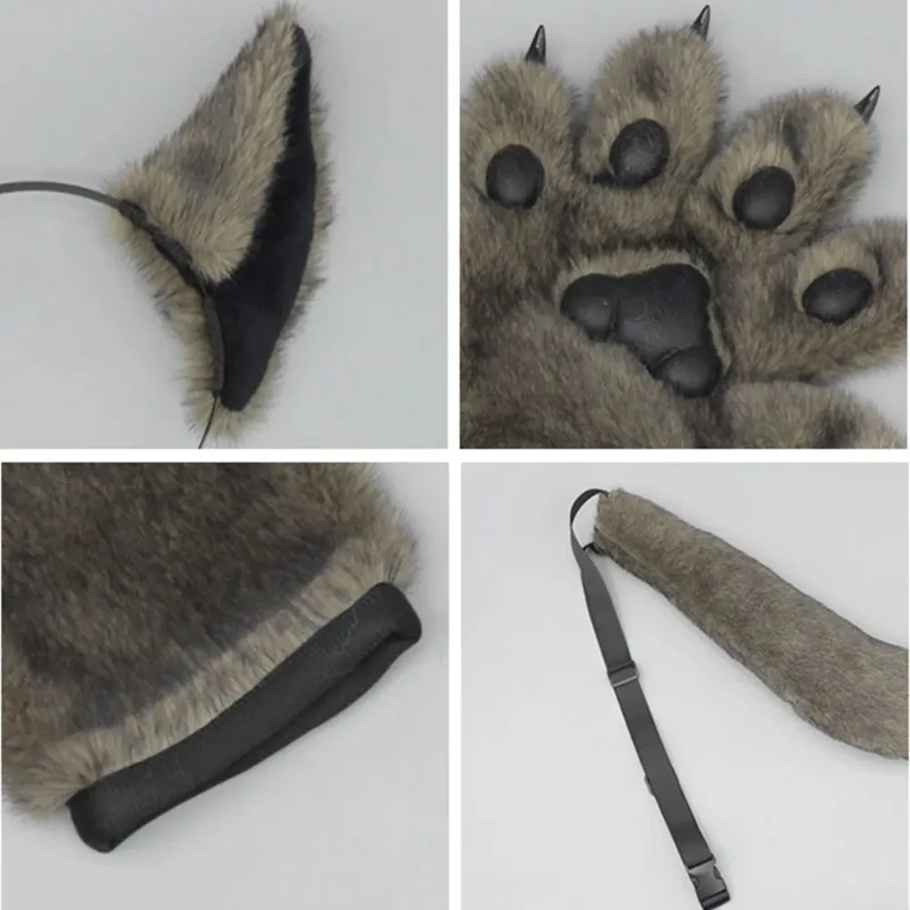 Werewolf Ears Tail Claw Wolf Ear Hairband Faux Fur Paw Glove Adjustable Belt Tail Cosplay Accessories Party Props for Girl Women 2