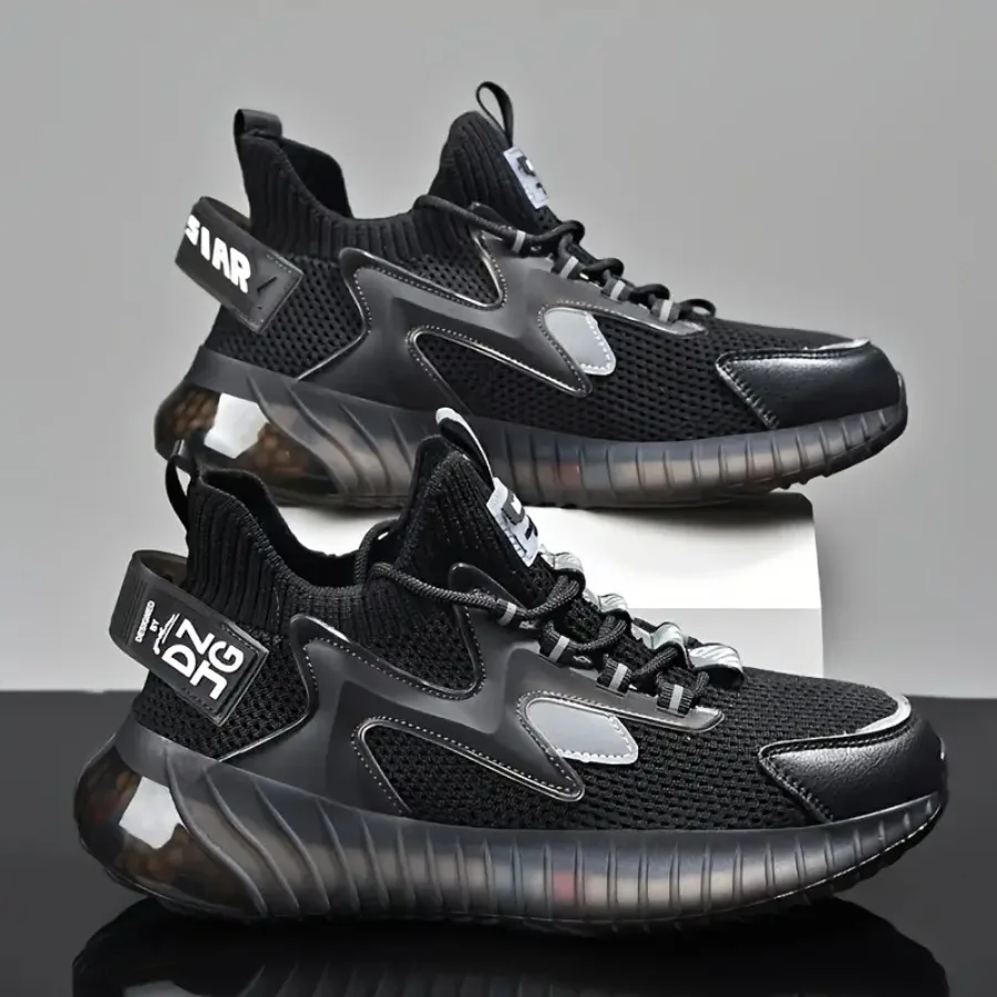 

Trendy Black Transparent Sole Shoes - All-Black Breathable Design with Reflective Details Stylish Athletic Casual Dad Shoes