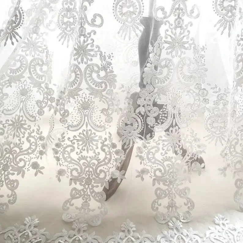 1 Yard White black Vintage flowers embroidery lace fabric white tulle for wedding bridal veil 51