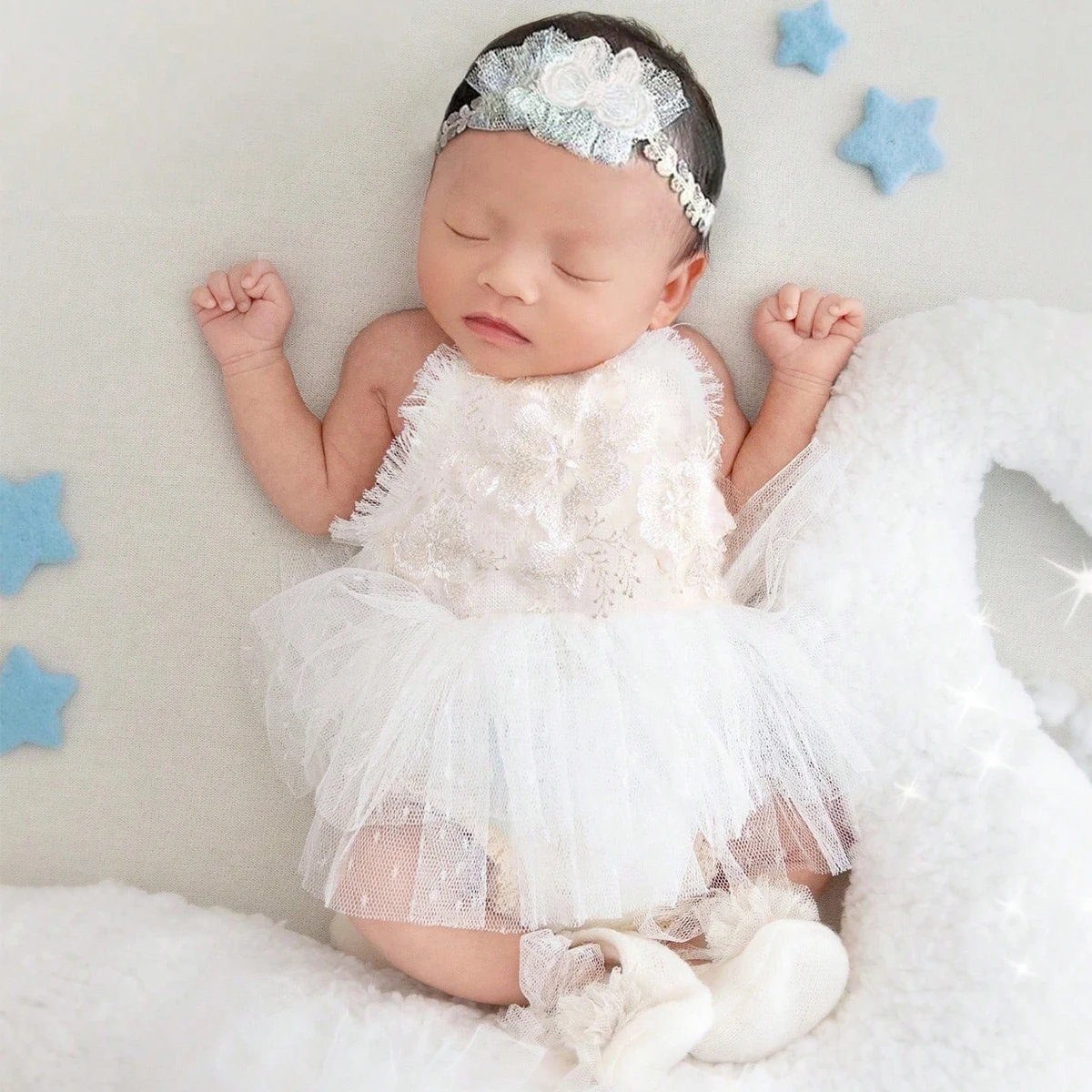 Ylsteed 3 Pieces Set Knit Newborn Photo Shooting Outfits White Embroidery Baby Photo Props Mesh Romper with Mini Shoes Headband