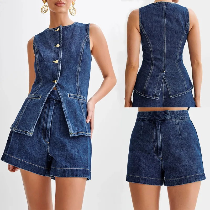 

Summer Women Casual Denim Vest Shorts Sets O Neck Sleeveless Slit Crop Top High Waist Shorts Lady Vintage High Grade 2 Piece Set