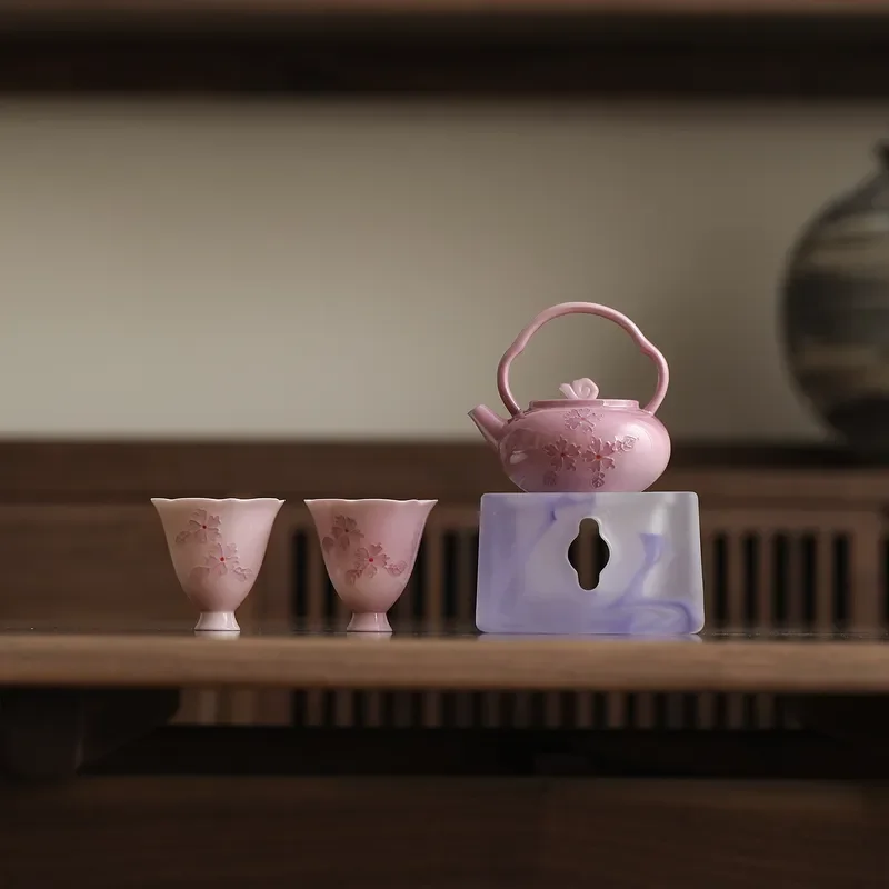 Arita Yaki Style Pink Butterfly Beam Teapot Warmer Set with Candle Heating Stove for Kung Fu Tea Ceremony Complete Ceramic