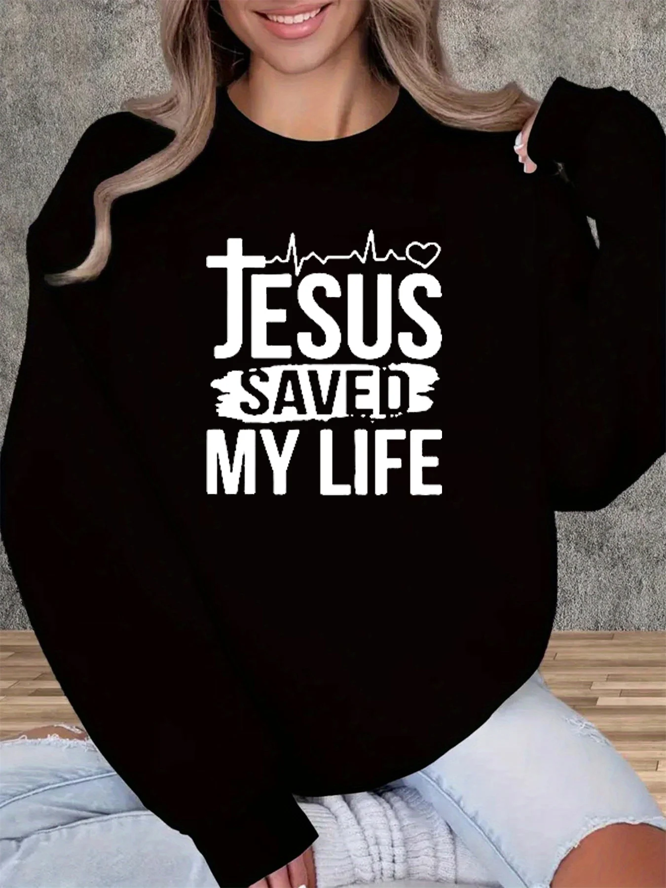 Jersey de manga larga con cuello redondo y estampado de letras de Jesús, holgado, cómodo y cálido, informal, a la moda, para otoño e invierno