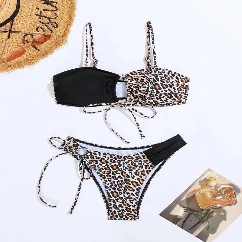 2 Piece Sexy Trend Leopard Print Patchwork Swimsuit Bikini Set for Women,Extreme Micro Thong,Beach Suit,Mesh Crop Top,Beachwear