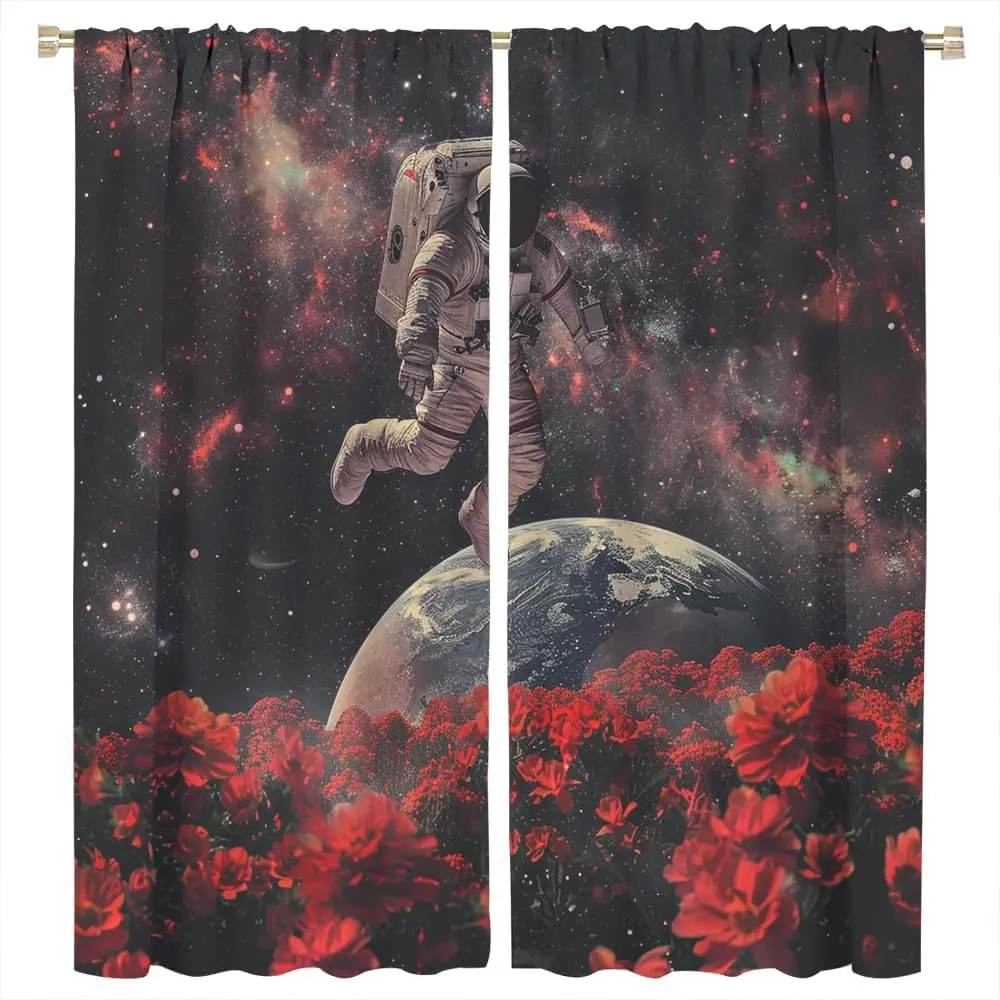 Watercolor Planet Astronaut Window Treatment Curtain, Space Abstract Floral Blackout Rod Pocket Windows Door Drapes for Bedroom