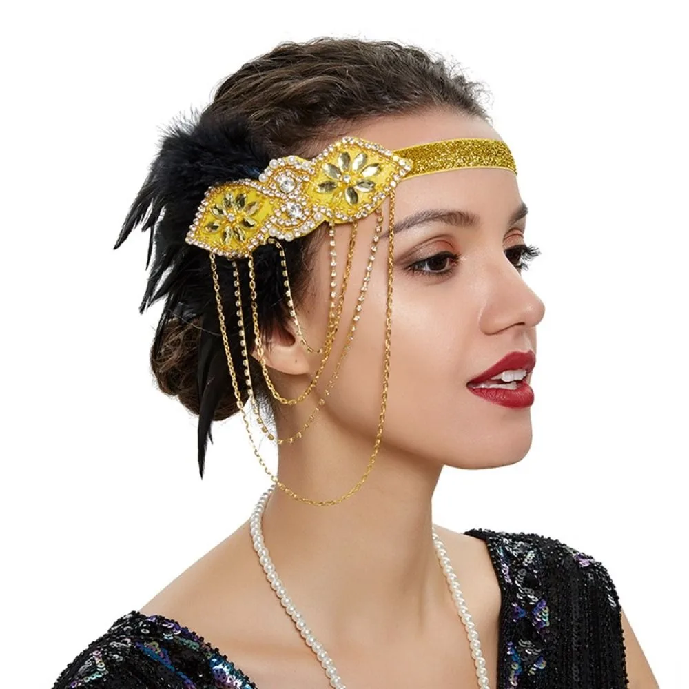 Sweet Tassels Feather Hairband Beaded Long Chain Headband Hair Hoop Korean Style Rhinestone Hair Band Women