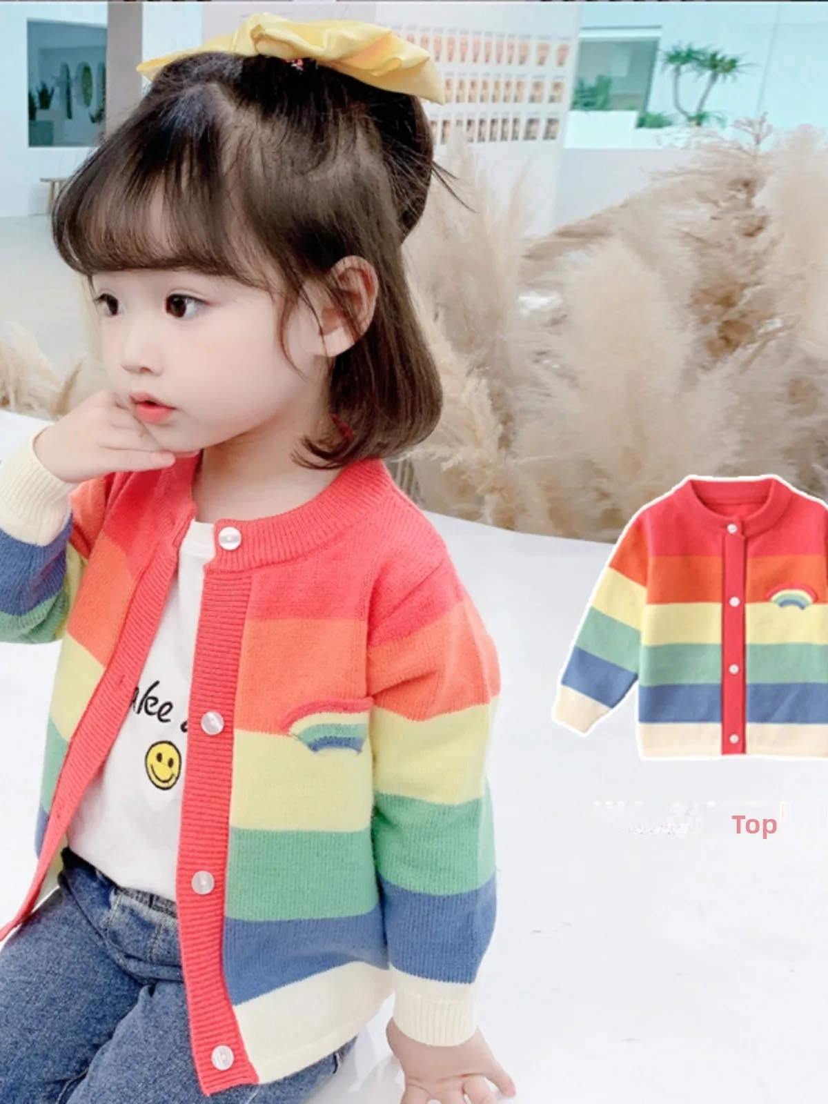 

Новый вязаный кардиган для девочек, весна-осень, корейская версия, модный топ с цветными полосками, детская одежда с круглым вырезом, короткий рукав
