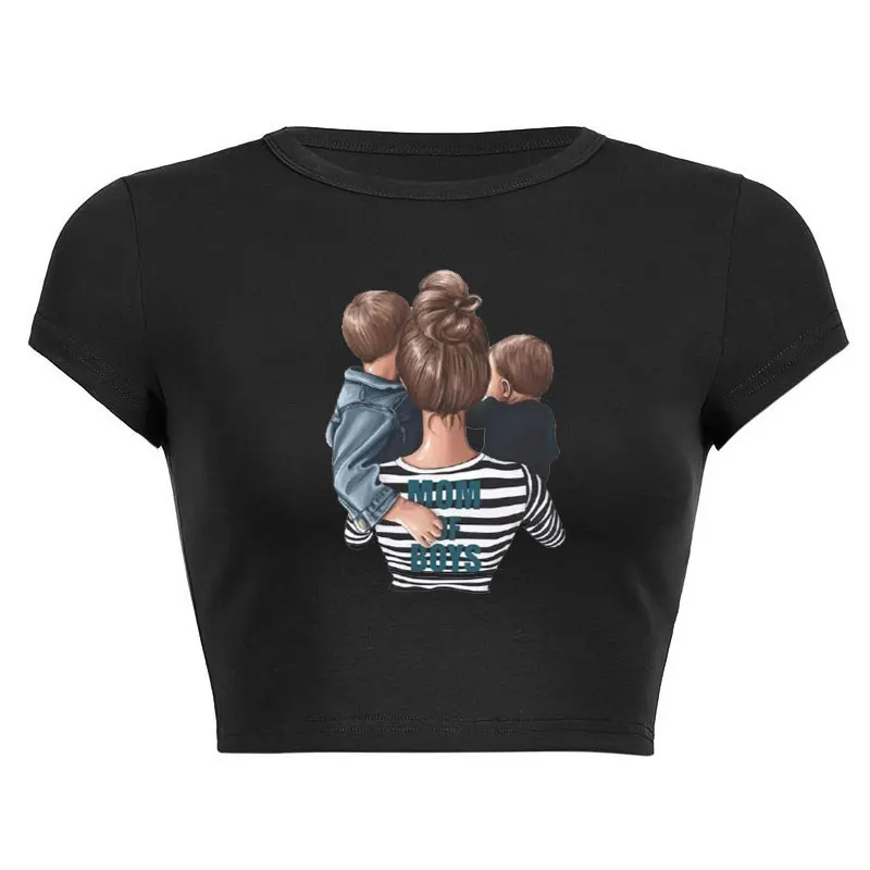 

Women Striped Boys Cute Mom Crown Mother Mama Ladies Clothes Short Sleeve O Neck Cropped Navel Women Crop Tops Fashion T-Shirt