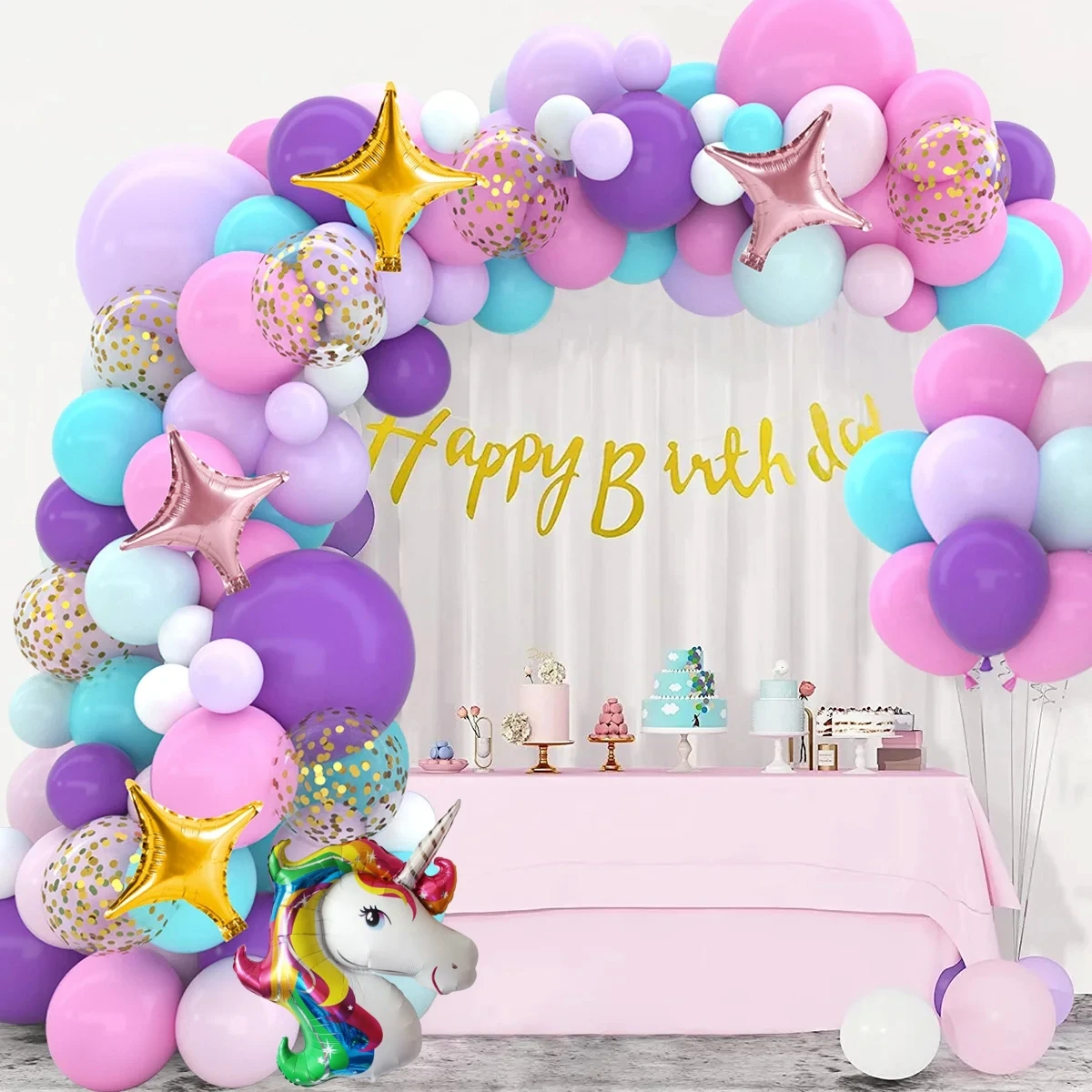 97Pcs A set of unicorn themed balloon wreath and arch set, wedding, birthday party decoration, single party decoration