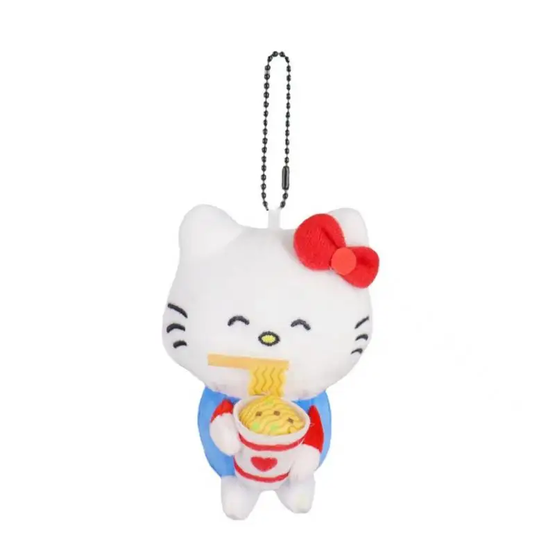 Hello Kitty Sanrio จี้ตุ๊กตาการ์ตูนอะนิเมะน่าเกลียดน่ารักกินก๋วยเตี๋ยว KT พวงกุญแจยัดไส้ของเล่นกระเป๋าเป้สะพายหลังของขวัญตกแต่ง