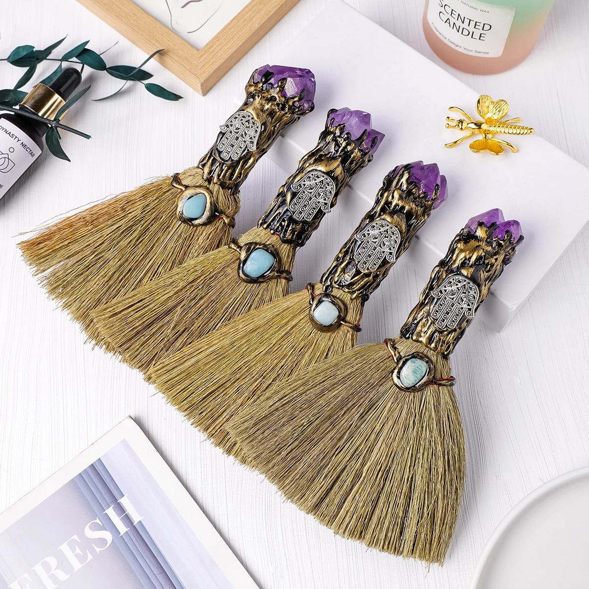 1PC Natural Crystal Amethyst bud Broom Gem Crafts Home Decoration Handmade Broom stick Divination Cleansing Home Decor