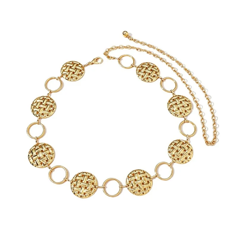Women Hollow Woven Round Metal Waist Chain Vintage Geometric Circle Link Belt Adjustable Long Tassel Waistband for Dress Suit
