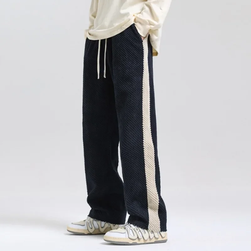 American Striped Pants Fleece  Casual Pants Autumn Winter Men Color  Loose Elastic Waist Pocket Drawstring Straight Trousers