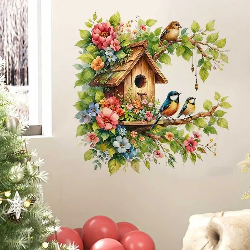 Removable PVC Bird House Flower Wall Stickers - Animal Wall Decals Art for Bedroom Living Room Decor AA267