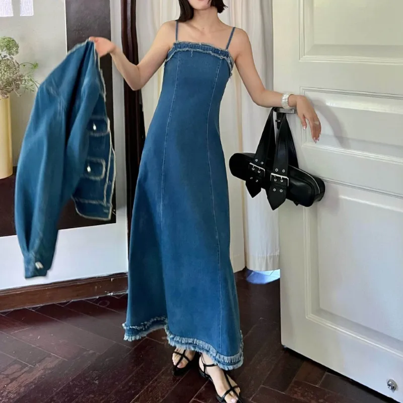 

Women Small Fragrance Denim Long Dress Spring Summer New Fashion Vintage Elegant Party Simple Fashion Tassel Suspender Dress