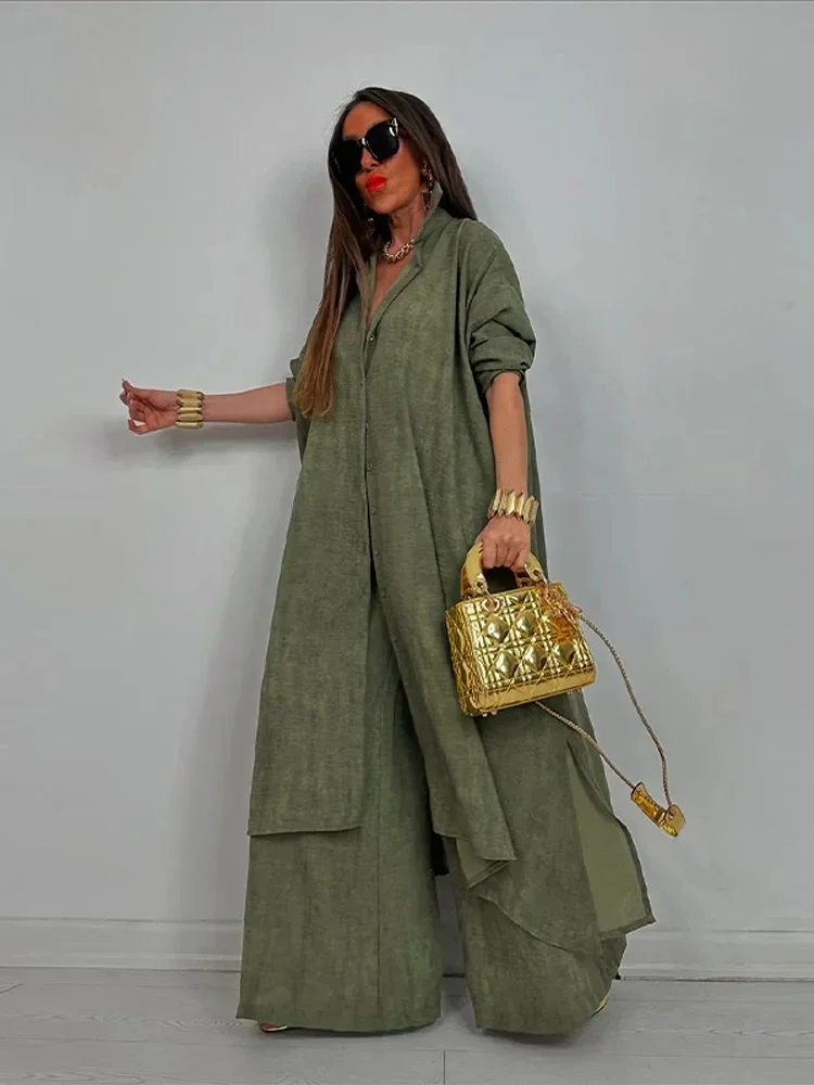 

Fashion Women's Loose Trouser Suits Long Sleeve Button Turn-Down Collar Lady Sets 2025 Spring Summer Casual 2 Pieces Set Women