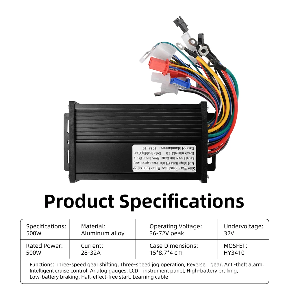 DC 36V/48V/60V/72V 500W Bürstenloser Motorcontroller für E-Bikes, 30A Aluminiumlegierung Dreimodus-Sinuswellen-Bürstenloser Controller