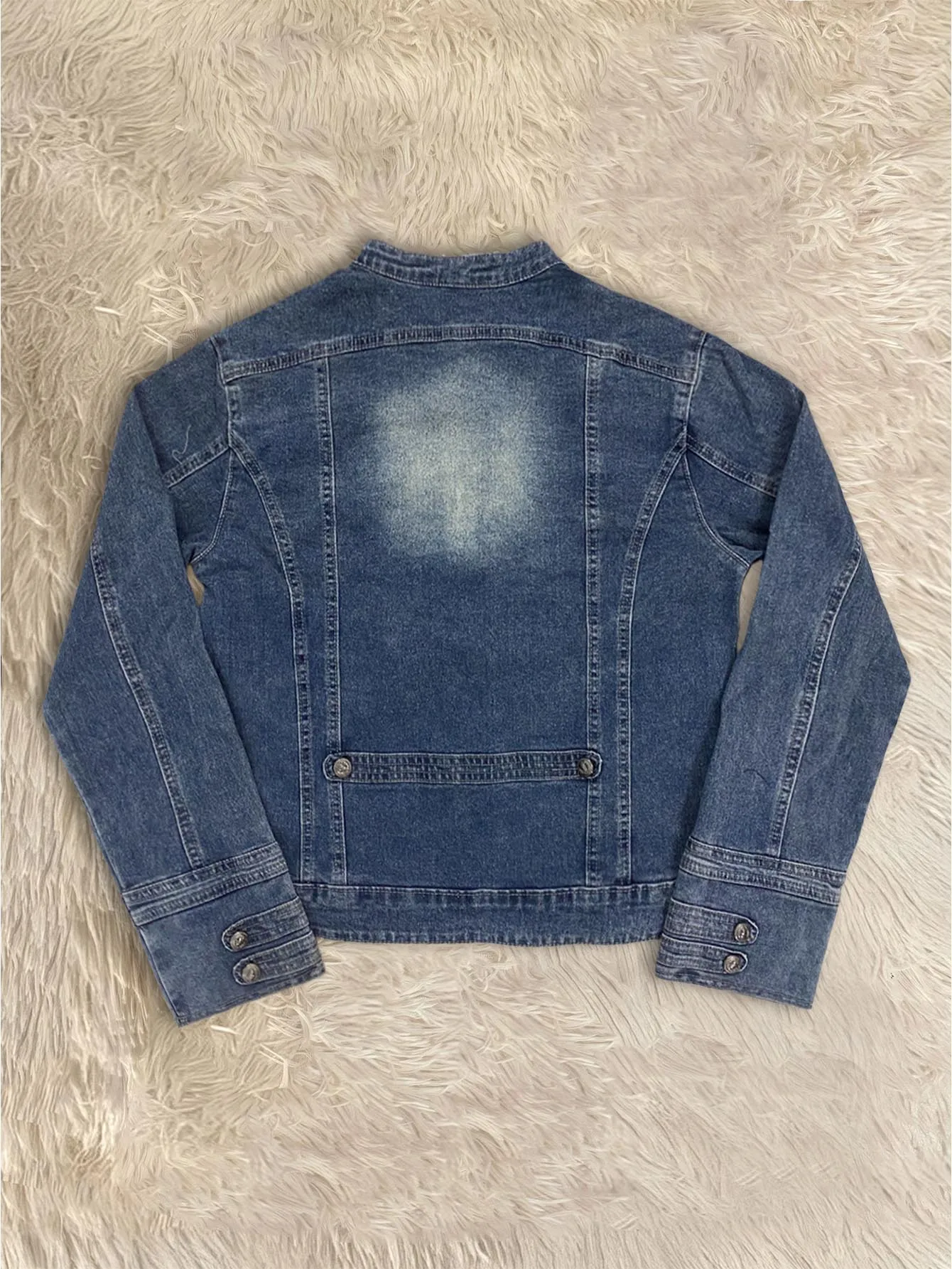 Vintage Stand Collar Double Breasted Denim Cropped Jacket Women Motorcycle Washed Slim Zip Coat