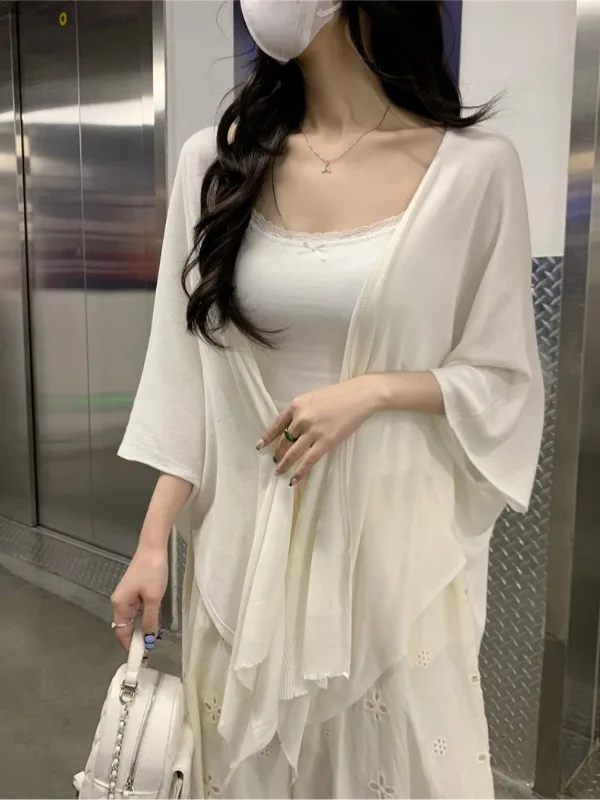

Chic Asymmetric Ice Silk Knitted Shawl Cardigan Women's Spring New Thin Coat Top Trendy Commute Style Korean Version -Len...